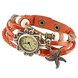 Taffstyle Damen-Armbanduhr Analog Quarz mit Leder-Armband Uhr Vintage Retro Seestern Orange