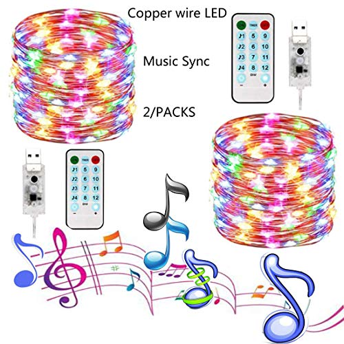 Guirlande lumineuse à LED en fil de cuivre avec 100 LED étanches - Son activé par synchronisation de musique - 12 modes - Pour décoration de mariage, Noël, fête 2*usb Multicolor
