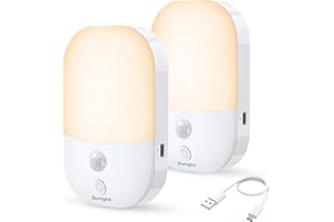 Suright Veilleuse Type-C Rechargeable, 2 Pack avec Détecteur de Mouvement et 5 Niveaux Luminosité, 3 Modes(AUTO/OFF/ON), Veilleuse Enfant pour Chambre, Escalier, Couloir, 2800K Blanc Chaud