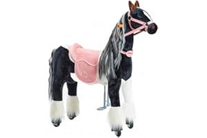 PONNIE Cavallo da equitazione con ruote Domino M (5-12 anni), cavallo da gioco per equitazione con sella rosa rimovibile e cavezza con briglie e criniera e coda pettinabili, cavallo di peluche per