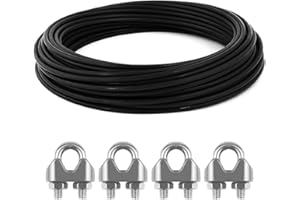 LbsAMP Cable de Alambre 15m 3 mm de Acero Inoxidable Negro Pvc Revestido Resistente al Agua Alambre Cuerda con 4 Abrazaderas de Acero Inoxidable Alambre para Marcos de Fotos