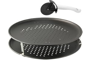 Zenker 7512 Set de 2 plaques à pizza perforée et une roulette à pizza, plaque a pizza, plaque cuisson pizza surgelée, plat pizza, plaque de cuisson perforée, Acier, Nylon, 32 cm