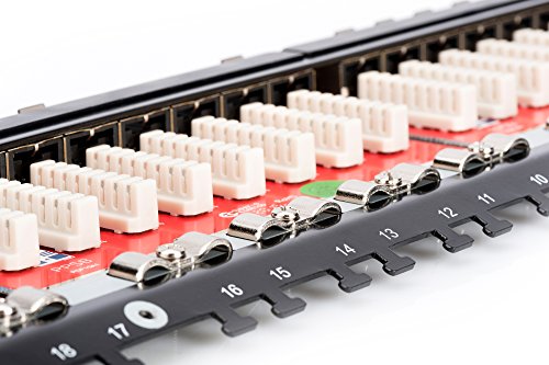 DIGITUS Cat.6A Klasse EA Patch Panel, geschirmt, 24-Port RJ45, inkl. Staubschutzklappen, LSA(+), 8P8C, 0.5HE, 483 mm (19″) Rack Mount, Farbe Schwarz RAL 9005 - 5