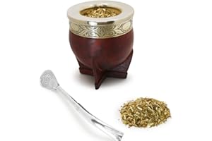 Qumir - Mate Imperial Argentino Uruguayo de Calabaza con Virola de Alpaca Cincelada - Cuero de Vaca cosido a mano - Bombilla de Alpaca incluida (Marron)