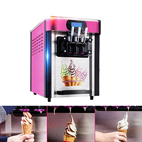 Commercial Ice Cream Machine, Soft Ice Cream Making Yogurt Cone Digital Display Machine with 3 Flavors Desktop Small Automatic Drum 2000W Without Refrigerant (220 V)