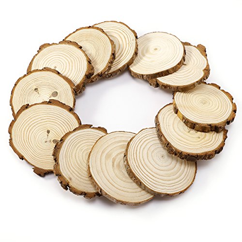 12 x Rund Holzscheiben Astscheiben Baumscheiben Namensschild Anhängeetiketten Dekomaterial Holzbrett Hochzeit Deko Basteln DIY 11-12cm - 3