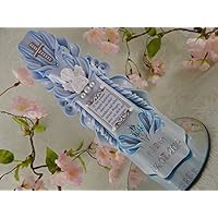 Geschnitzte Taufkerze Kommunionkerze blau für Jungen mit Schutzengel und Taufspruch inkl. Name und Datum