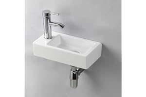 IROPRO Compact Bathroom Sink Ceramic, Small Rectangle Cloakroom Basin Wall Mounted Gloss White Left Hand