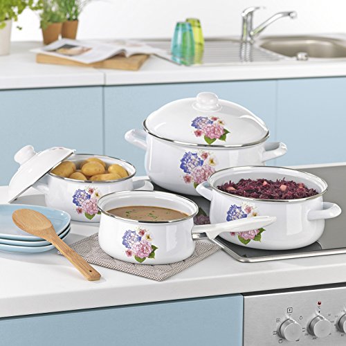 BRATmaxx Emaille-Kochtopf-Set Hortensien 7-tlg. - Die Klassiker für die moderne Küche! ( Spülmaschine und Backofen geeignet )