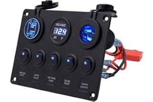 SANON Car Rocker Switch Panel, 2.1A Dual USB Outlet Charger Socket ON/OFF Waterproof Rocker Panel, Fit 12V/24V Car Boat Vehicle Marine, with Digital Voltmeter Cigarette Lighter Socket LED