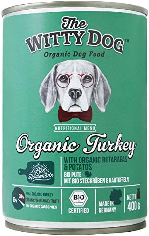 The Witty Dog 100% Organic Wet Dog Food, Complete Menu: Turkey With Rutabagas &amp; Potato, Tins 6x400 Gr. (Puppy, Adult, Senior Dogs)