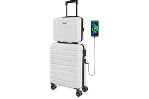 AnyZip Suitcase Set of 2 (10-Years VIP Service) 20-Inch +14-Inch Small Suitcase Lightweight Hard Shell Hand Luggage Suitcase with Double Spinner Wheels TSA Lock+USB Port, White