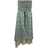 Mogul Interior Women's Summer Dress Vintage Silk Sari Long Skirts Sarong Dresses White/Green