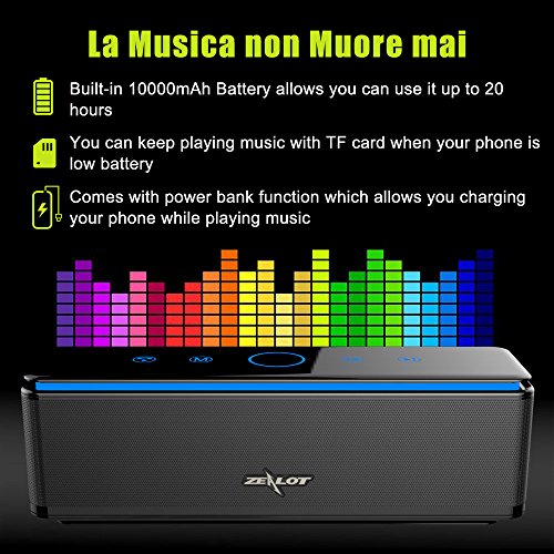 ZEALOT - S7 Altoparlanti Touch Control Bluetooth Speaker Wireless,10000mAh Banca di Potere/26W/LED Lignt/3,5mm AUX/TF Card per Iphone /Smartphone Android/Mac/Tablet PC,ecc-NERO