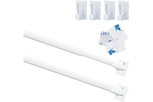 VENWEMONG 2Pcs Net Curtain Rods Extendable Curtain Rod with 6Pcs Plastic Sticky End Window Hook for Home Bathroom、Windows(30-50CM/12-19Inch,White)