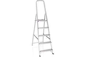 ‎HJH OFFICE hjh OFFICE 801100 Klappleiter SOLID III Aluminium Trittleiter mit 5 Stufen und Sicherheitsbügel, bis 150kg belastbar, Silber