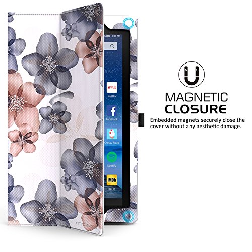 MoKo Fire 2015 7 Zoll Hülle – Kunstleder Ständer Schutzhülle Smart Cover mit Stift-Schleife und Stanfunktion für Amazon Fire Tablet (Vorherige 5th Generationeration – 2015 Modell) Tablet, Blumen Marineblau - 3