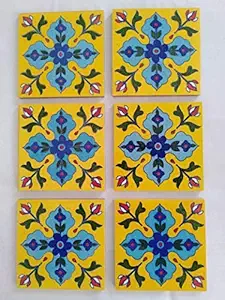 Anchal Art and Craft Blue Pottery Traditional Decorative Ceramic Handmade Tiles, Furniture,Tabletop,Flooring,Interior,Exterior Tiles. (4?4 inch) Pack of 6-Tiles.