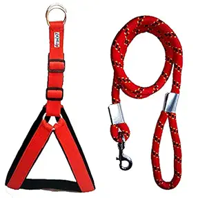 PSK Nylon Padded Adjustable Dog Harness & Leash Rope for Large Pet (Red, 1.25 Inch, Chest Size : 33-42)