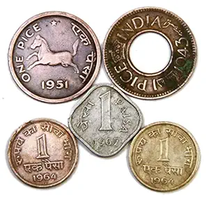 HISTORICAL INDIA - ONE PAISA ( Pice) Coins Collection 5 Coins - Brass, Copper Aluminium Coins
