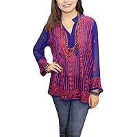 Womens Blue Blouse Tunic Top Floral Embroidered Georgette Kurti S/M