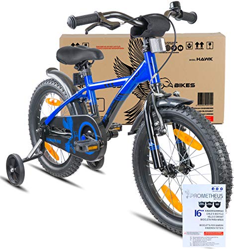 Prometheus Bicicleta Infantil | 16 Pulgadas | niño y niña | Azul Negro | A Partir de 5 años | con ruedines y Freno de contrapedal | 16