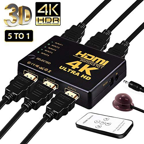 HDMI Switch 4K UHD, 5 Puertos 5x1 AV Video Switcher 5 en 1 Salida HDMI Selector automáticamente, Soporte HDCP 3D 1080p, resolución: hasta 4k para HD DVD, Sky-STB, PS3, XBOX360, HDTV, Monitor