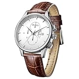 BUREI Herren Chronograph Uhr mit Datumsanzeige Analoger Zifferblatt Zeiger Echtlederarmband (White)