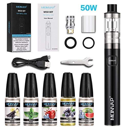 MONVAP 50W Vape Pen Starter Kit, E Cigarettes Starter Kit with E-Liquid, 2.0ml Top Refill Tank, 0.5ohm Coil, 1500mAh E-Cig Batteries, 5 x 10ml Vape Juice No Nicotine 0mg