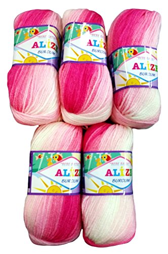 5 x 100g Alize Strickgarn Bebe Batik pink rosa weiß Nr. 2164, 500 Gramm Wolle