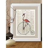 Kunstdrucke, Flamingo, rosa, vogel, Herz auf Antike Buchseite,#FEN04