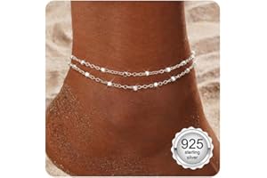 CASSIECA Bracelets de Cheville pour Femme en Argent Sterling 925 Bracelets de Cheville Tendance Délicats Empilable Bracelet de Cheville Ajustable Corde Chaîne Perlée Pied Bijoux de Plage pour Femme