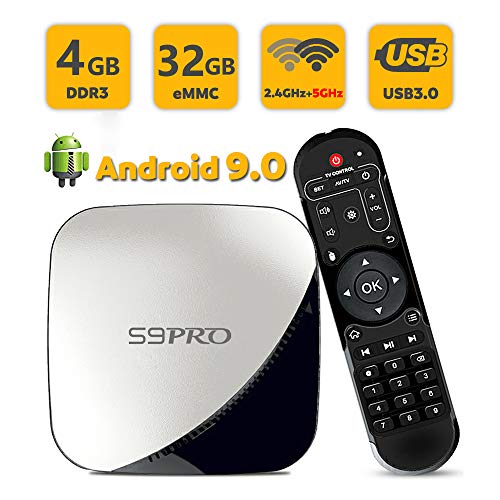 SUNNZO S9 Pro Android 9.0 OS TV BOX/Lecteur Multimédia de Diffusion en Continu Android 9.0/Boîte TV 4K avec Rockchip 3318 Quad-Core Chipset,64 Bits 4GB/32GB,WiFi Bi-Bande,USB 3.0,4K HD,H.265