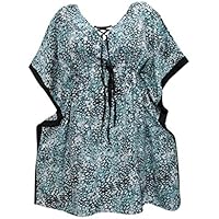 Mogul Interior Women's Kaftan Dresses Printed Dress Medium Blue/Black Beach Coverup Mini Dress