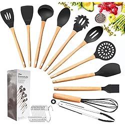 Tatufy Kit ustensiles de Cuisine 12pcs Set Ustensiles de Cuisine Non Toxique Silicone, Bambou en Bois Poignées,Pinces de Tournage spatule cuillère