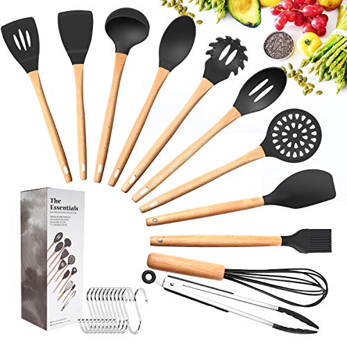 Tatufy Kit ustensiles de Cuisine 12pcs Set Ustensiles de Cuisine Non Toxique Silicone, Bambou en Bois Poignées,Pinces de Tournage spatule cuillère