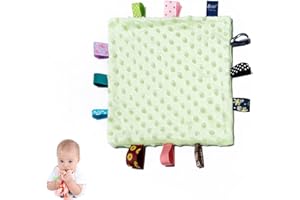 HECCEI Baby Security Blanket with Colorful Satin Tags, Baby Comforter Infant Appease Blankets taggy, Taggies Blanktes - 10 x 10 inches Square Blanket for 3+ Months Babies Boys/Girls