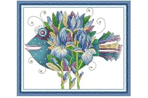 LECZANY Kit de bordado en punto de cruz con estampado de bricolaje, gama completa de kits de inicio preimpresos para principiantes - Hermoso pez 39 x 33 cm