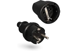 HEITECH PROMOTION GMBH ABSINA Fiche mâle et prise femelle électrique en caoutchouc - Jeu de fiches mâle et femelle avec protection anti courbures, noir, 250V, 16A, IP20 usage intérieur - Fiche electrique