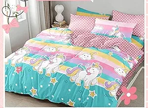 Ab Home Decor Kids Glace Cotton Cartoon Unicorns Printed Bedsheet for Double Bed King Size with 2 Pillow Covers (Multicolour, 90x100inch)