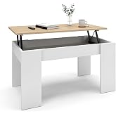Duehome Norak Lift-Up Coffee Table, with Interior Compartment | Living Room Side Cabinet, Artik White and Canadian Oak, Hidde