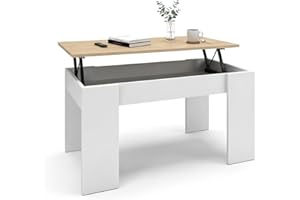duehome | Mesa de Centro elevable, Mesita de Salón Comedor, Acabado en Blanco Artik y Roble Canadian, Modelo Norak, Medidas: 90 cm (Largo) x 50 cm (Ancho) x 33,8/45,3 cm (Alto)