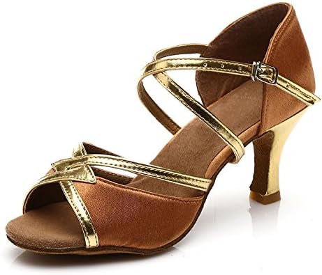 JINFENGKAI Women's Latin Salsa Dance Shoes Style 225,Brown,7UK/41EU,Heel2.5”