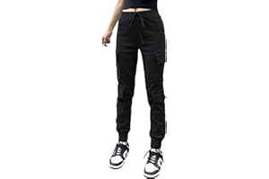 Nuofengkudu Petite Pantalones Cargo Mujer Elasticos Harem Pantalon con Bolsillos Stretch Cintura Tobillo Chica Joven Punk Deportivo Jogging Hip Hop Moda Casual