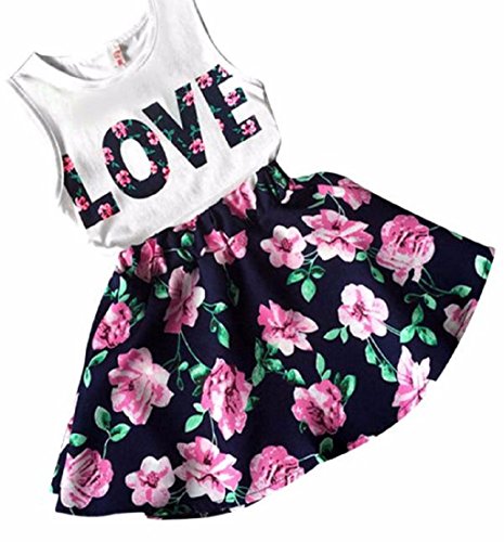 Amlaiworld ??Robe de Filles Filles Amour Lettres Imprimées Ensemble Gilet sans Manches + Jupe Florale(2-7ans) (110/3-4ans, Marine)