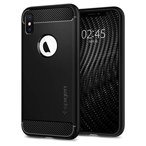 Spigen 057CS22125 Rugged Armor - Custodia con assorbimento acustico e struttura in fibra di carbonio per iPhone X, Nero (Matte Black)