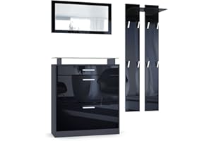 Vladon Loret Mini Hallway Set, Set da ingresso con 1 scarpiera, 1 specchio a parete e 2 pannelli appendiabiti, antracite/nero lucido (89 x 104 x 23 cm)