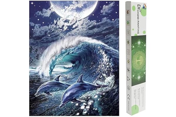DCIDBEI Square Diamond Painting Dauphins 40x50 cm Peinture Diamant Adulte Dauphin Diamant Painting Dauphin Painting Paysage Bord de Mer Diamond Painting Diamant Carré Peinture par Numero Lune