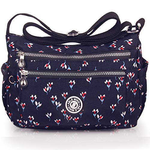 ABLE Waterproof Bolsos de Mujer Nylon Hombro Bolso Bolsa Impermeable para (1-Negro Azul?Flor?)