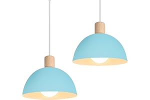 iDEGU Lot de 2 Lustres Suspensions Rétro Suspension Luminaire Moderne Style Demi-Cercle Plafonnier E27 en Bois Métal Lampe Suspension pour Chambre Salle à Manger Cuisine, Ø 20CM (2 Pack Bleu)
